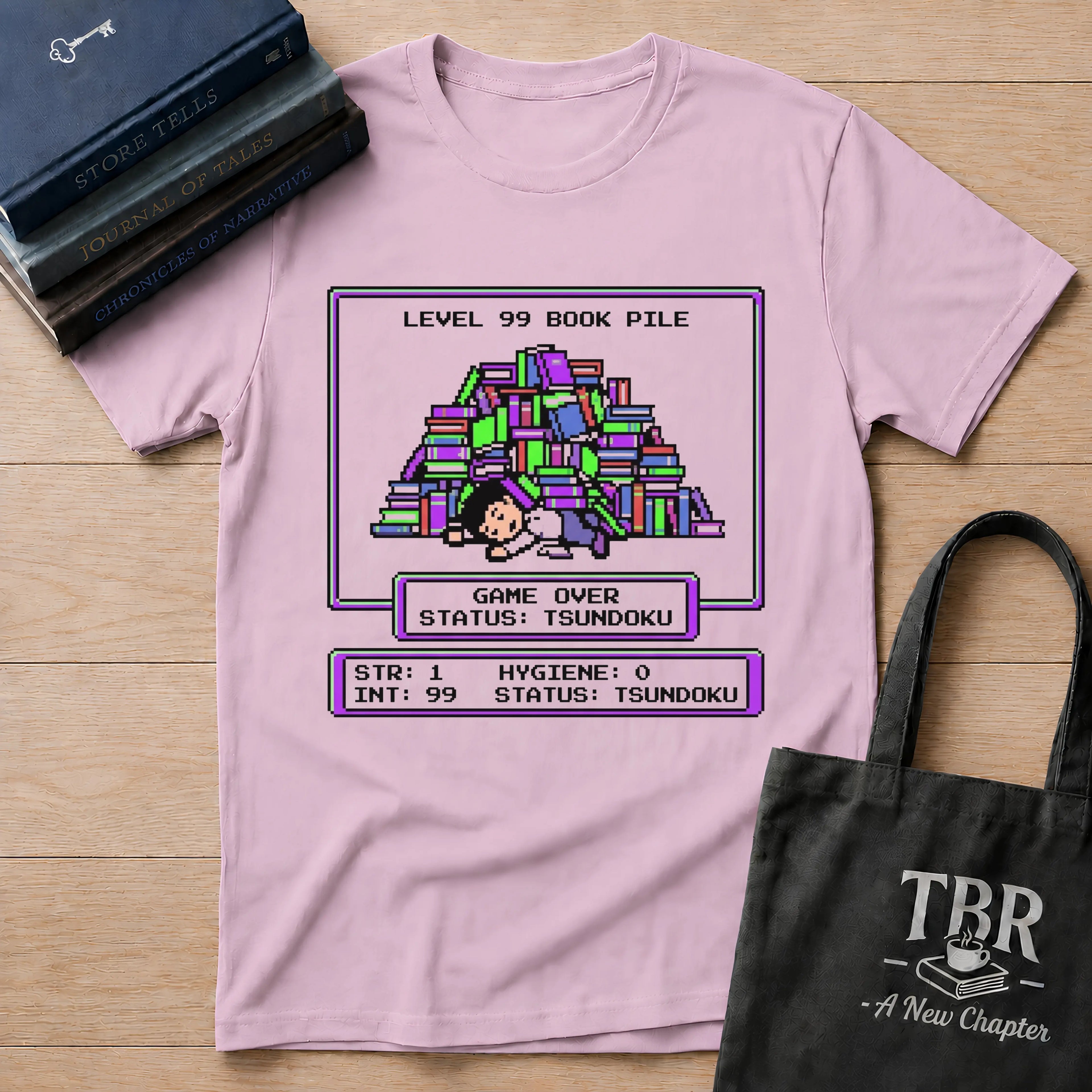 Level 99 Book Pile Game Over Status Tsundoku T-Shirt
