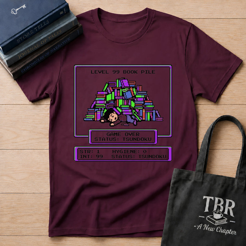 Level 99 Book Pile Game Over Status Tsundoku T-Shirt