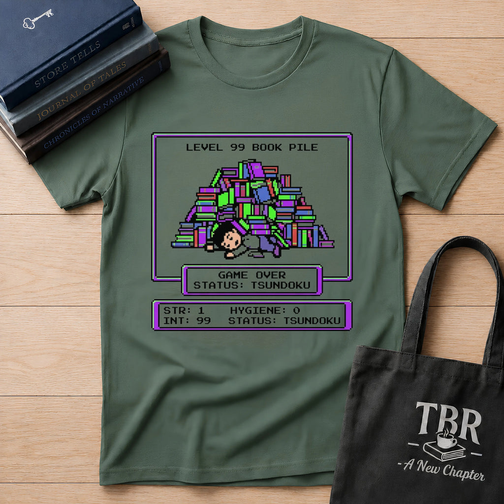 Level 99 Book Pile Game Over Status Tsundoku T-Shirt