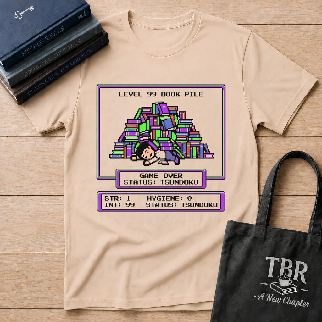 Level 99 Book Pile Game Over Status Tsundoku T-Shirt