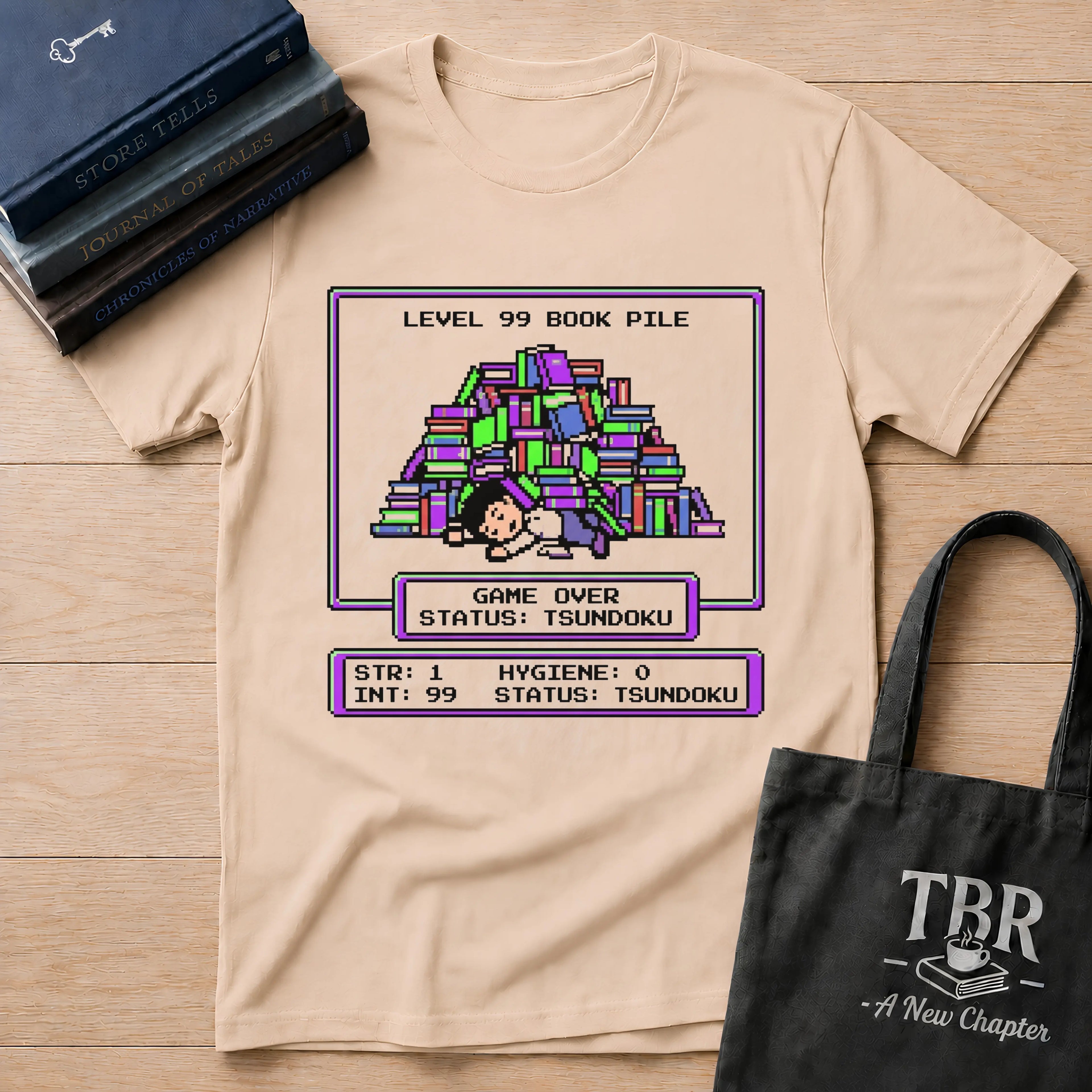 Level 99 Book Pile Game Over Status Tsundoku T-Shirt