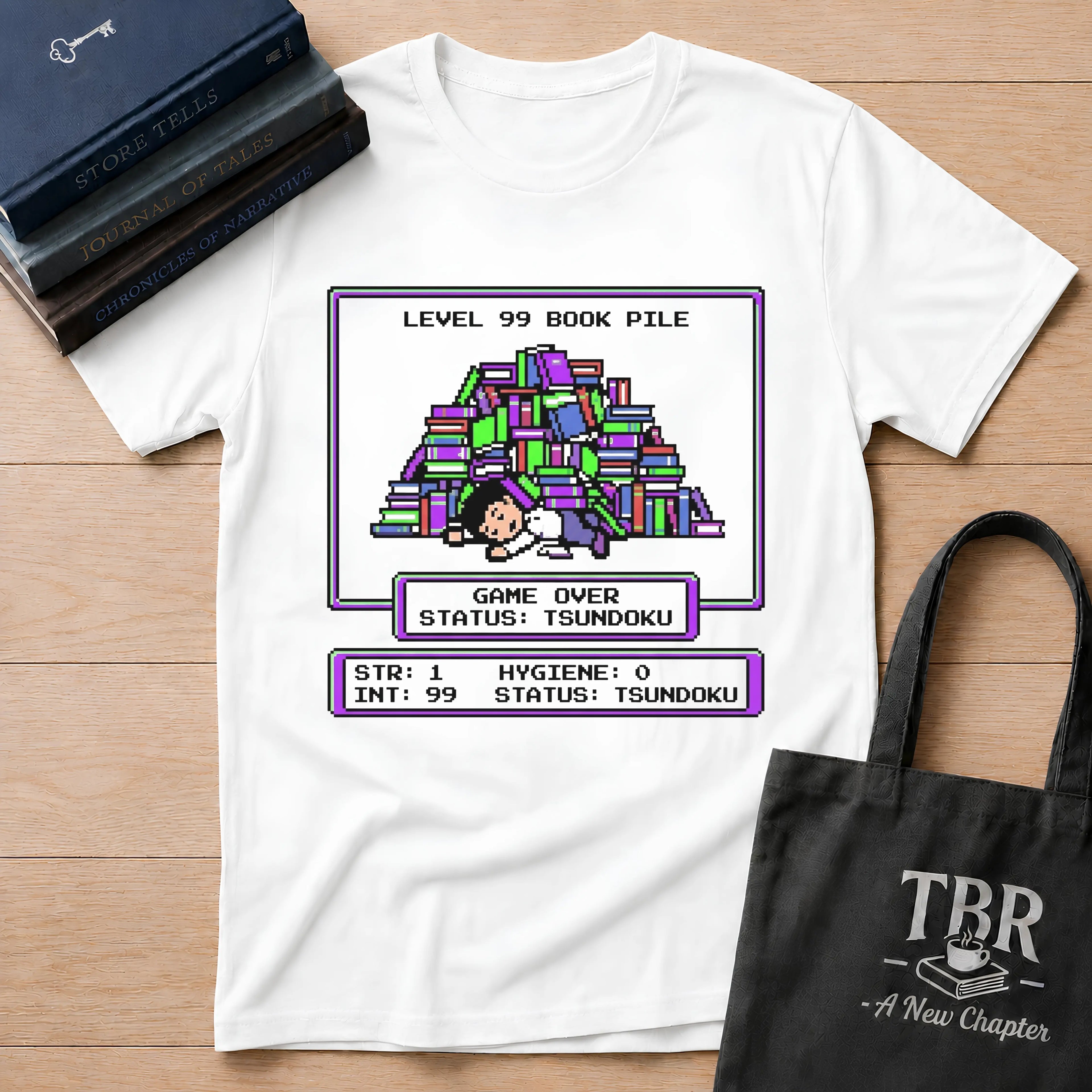Level 99 Book Pile Game Over Status Tsundoku T-Shirt